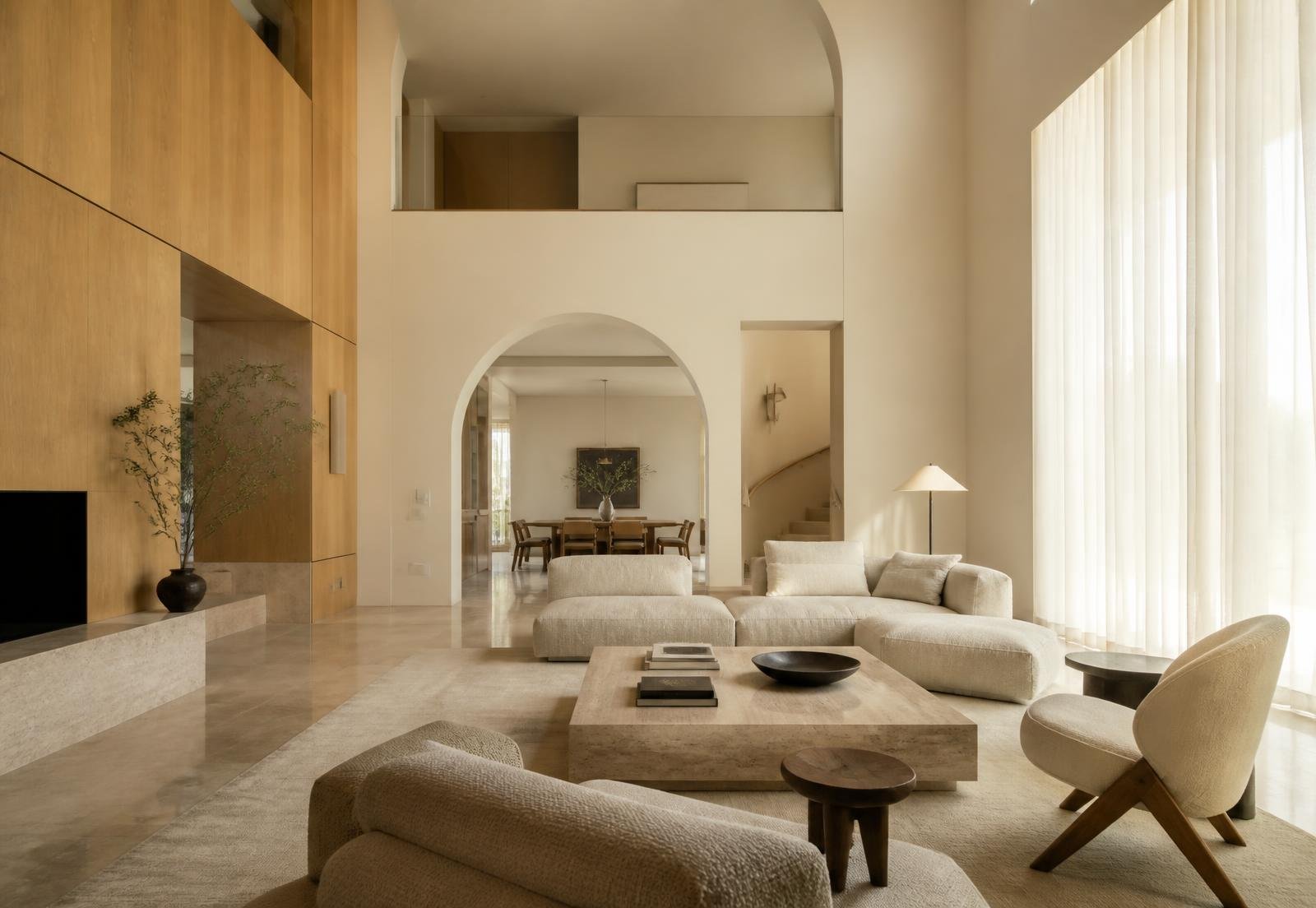 Warm interior with oak joinery and travertine floors