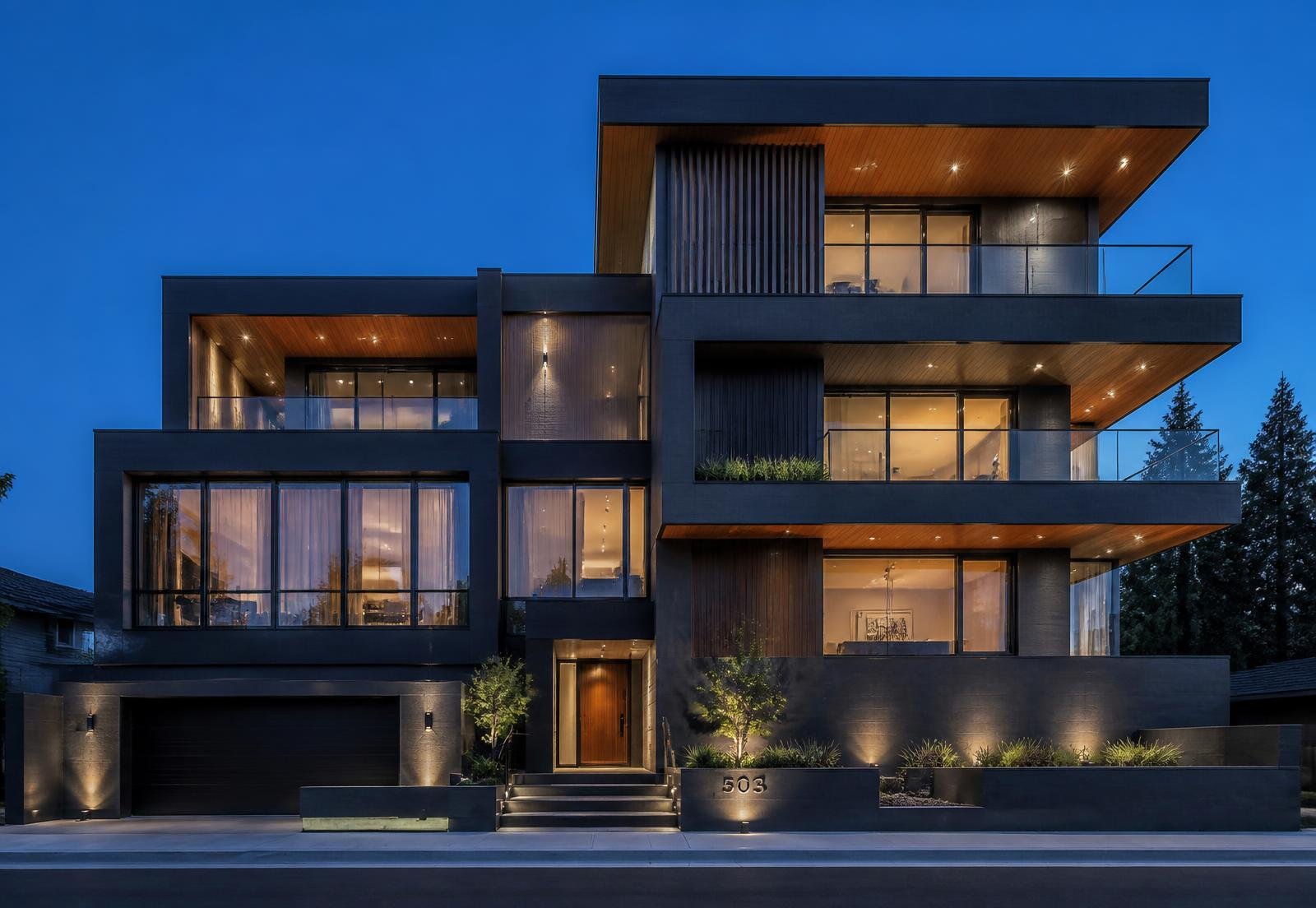 Contemporary charcoal stone residence with cantilevered balconies